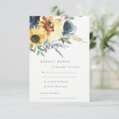 Geel Navy Zonnebloem Bloemen Waterverf Bruiloft RSVP Kaartje (Staand voorkant)