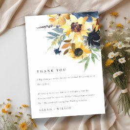Geel Navy Zonnebloemen Waterverf Bloemen Bruiloft Bedankkaart