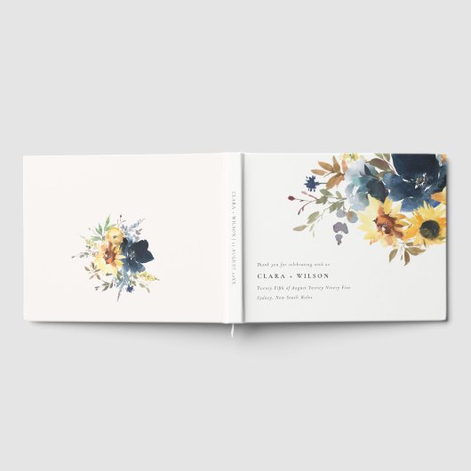 Geel Navy Zonnebloemen Waterverf Bloemen Bruiloft Gastenboek (Volledig)