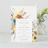 Geel Navy Zonnebloemen Waterverf Bloemen Bruiloft Kaart (Staand voorkant)