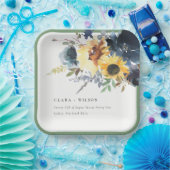 Geel Navy Zonnebloemen Waterverf Bloemen Bruiloft Papieren Bordje (Feest)