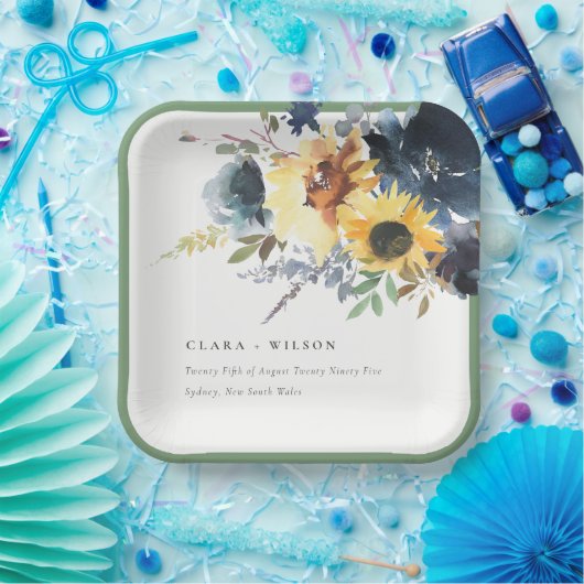 Geel Navy Zonnebloemen Waterverf Bloemen Bruiloft Papieren Bordje (Feest)