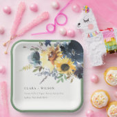 Geel Navy Zonnebloemen Waterverf Bloemen Bruiloft Papieren Bordje (Feest)