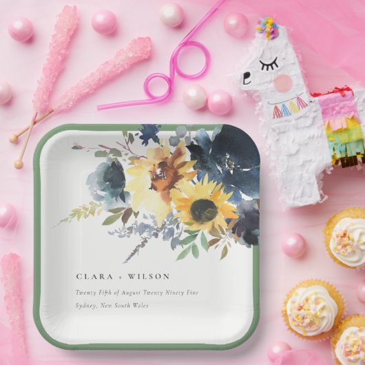 Geel Navy Zonnebloemen Waterverf Bloemen Bruiloft Papieren Bordje (Feest)