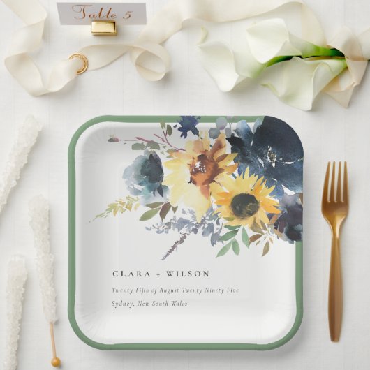 Geel Navy Zonnebloemen Waterverf Bloemen Bruiloft Papieren Bordje (Huwelijk)