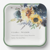 Geel Navy Zonnebloemen Waterverf Bloemen Bruiloft Papieren Bordje (Voorkant)