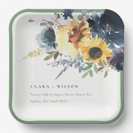 Geel Navy Zonnebloemen Waterverf Bloemen Bruiloft Papieren Bordje (Voorkant)