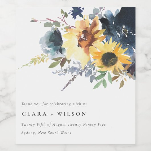 Geel Navy Zonnebloemen Waterverf Bloemen Bruiloft Wijn Etiket (Enkel label)