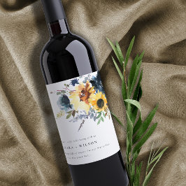 Geel Navy Zonnebloemen Waterverf Bloemen Bruiloft Wijn Etiket