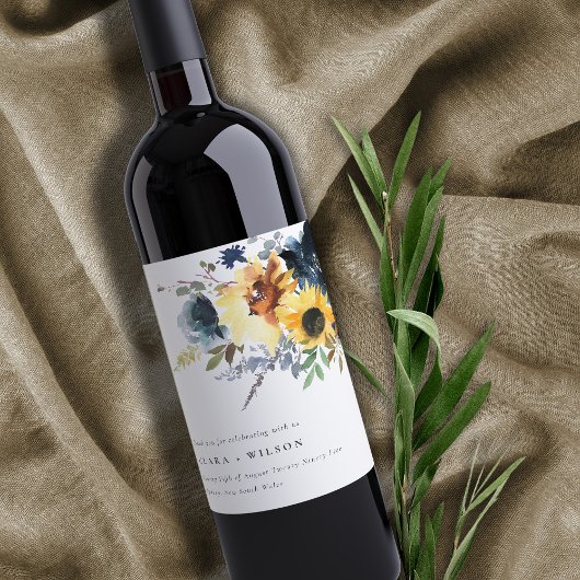 Geel Navy Zonnebloemen Waterverf Bloemen Bruiloft Wijn Etiket