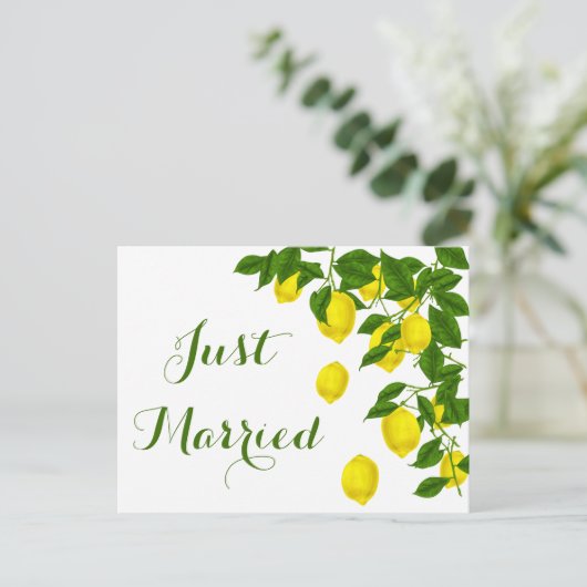 Geel net getrouwd Lemon Green Wedding Citrus Aankondigingskaart (Staand voorkant)
