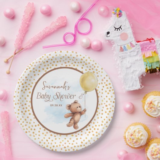 Geel Neutral Teddy Bear Baby shower Papier Bord (Feest)