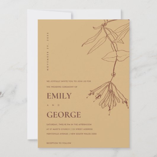 GEEL OCHRE-LIJN MET FLORAL WEDDING INVITE BEDANKKAART (Voorkant)