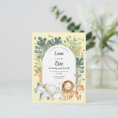 geel, oerwoud jongen of meisje 1 verjaardag uitnodiging briefkaart (Staand voorkant)