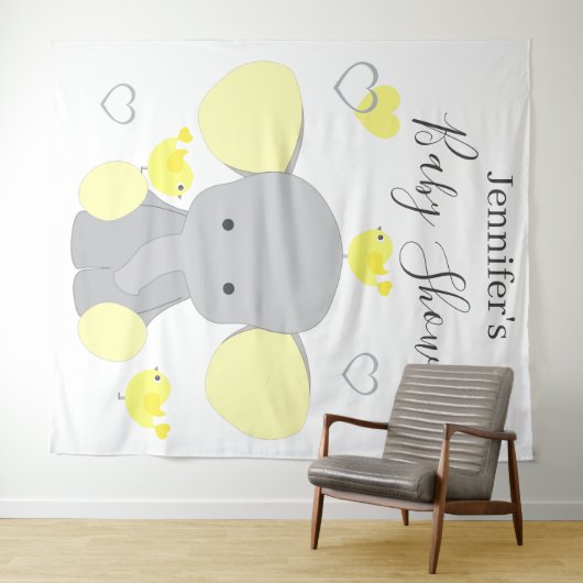 Geel Olifant Jongen Meisje Baby shower Achtergrond Wandkleed (In Situ (horizontaal))