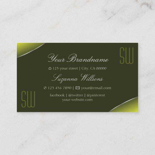 Geel Olijf Groen met Zilveren Grens en Monogram Visitekaartje (Achterkant)