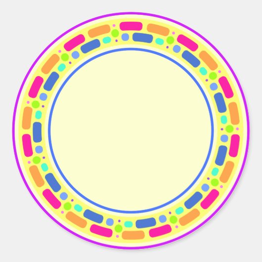 Geel ontwerp met kleurrijke rand ronde sticker (Voorkant)