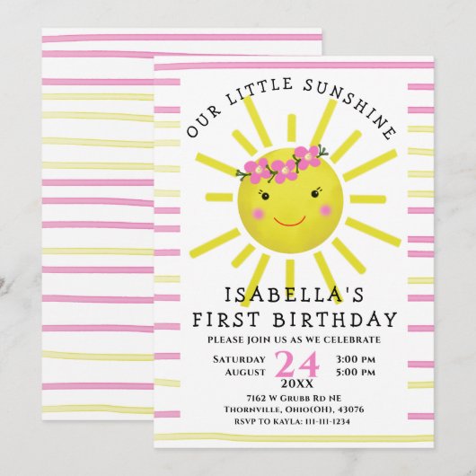 Geel onze kleine zonneschijn eerste verjaardag kaart (Voorkant / Achterkant)