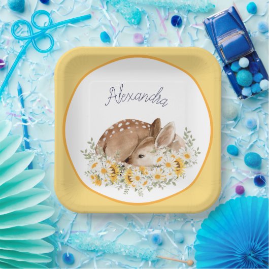 Geel Onze lieve Deer, Zonnebloemen Daisies Papieren Bordje (Feest)