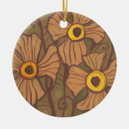 Geel-oogbloemen, bloemkunst, olijfgroen bruin keramisch ornament (Voorkant)