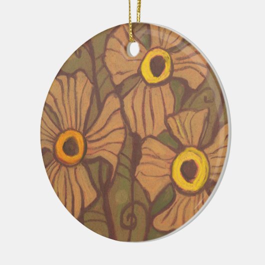 Geel-oogbloemen, bloemkunst, olijfgroen bruin keramisch ornament (Links)