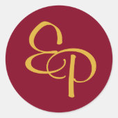 Geel op Burgundy Script Monogram Envelope Seal Ronde Sticker (Voorkant)