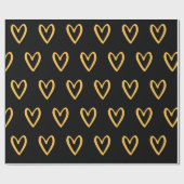 Geel op zwarte handgetekende harten cadeaupapier (Vlak)