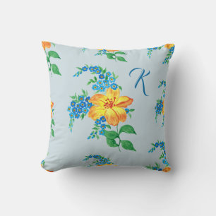  Geel Oranje Bloem Babyblauw Monogram Kussen