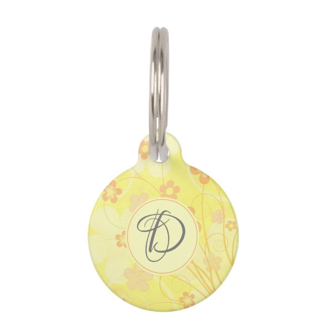 Geel Oranje bloemen Cute Floral  Monogram Huisdierpenning (Voorkant)