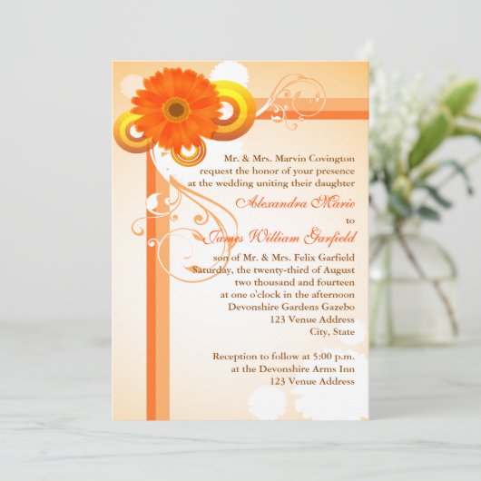 Geel, Oranje, bruin-Floral bruiloft-uitnodiging Kaart (Staand voorkant)