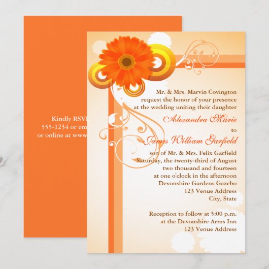 Geel, Oranje, bruin-Floral bruiloft-uitnodiging Kaart (Voorkant / Achterkant)