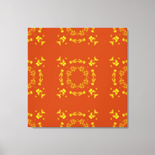 Geel, Oranje, Floral DamasRetro Patroon Canvas Afdruk