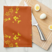 Geel, Oranje, Floral DamasRetro Patroon Theedoek (Quarter Fold)