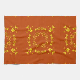 Geel, Oranje, Floral DamasRetro Patroon Theedoek
