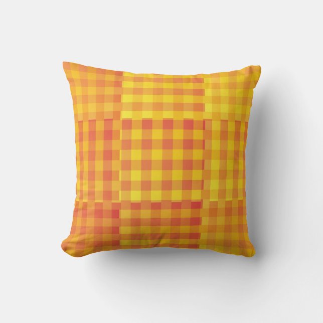 Geel Oranje Geruit Patchwork Patroon Kussen (Voorkant)