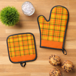 Geel Oranje Geruit Patroon Oranje Randen Ovenwant & Pannenlap Set