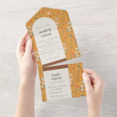 Geel Oranje Groovy Retro Arch Floral Wedding All In One Uitnodiging (Afscheurbaar)