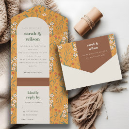 Geel Oranje Groovy Retro Arch Floral Wedding All In One Uitnodiging
