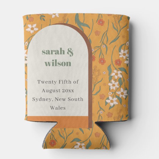 Geel Oranje Groovy Retro Arch Floral Wedding Blikjeskoeler (Achterkant)