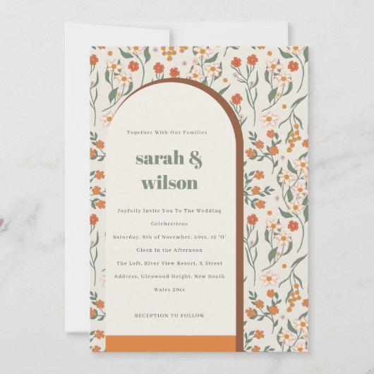 Geel Oranje Groovy Retro Arch Floral Wedding Kaart (Voorkant)