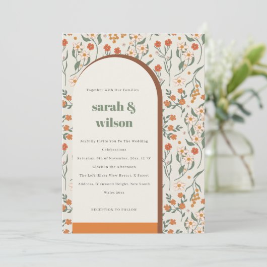 Geel Oranje Groovy Retro Arch Floral Wedding Kaart (Staand voorkant)