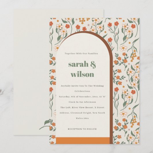 Geel Oranje Groovy Retro Arch Floral Wedding Kaart (Voorkant / Achterkant)