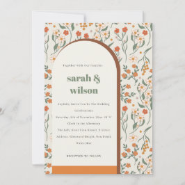 Geel Oranje Groovy Retro Arch Floral Wedding Kaart