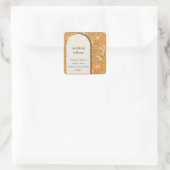 Geel Oranje Groovy Retro Arch Floral Wedding Vierkante Sticker (Tas)