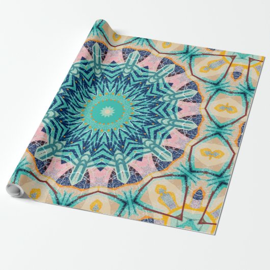 Geel-oranje, munt en roze mandala. cadeaupapier (Uitgerold)