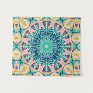 Geel-oranje, munt en roze mandala. wandkleed