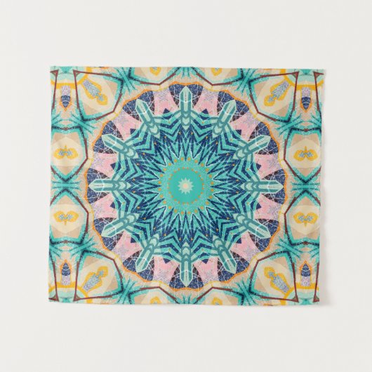 Geel-oranje, munt en roze mandala. wandkleed (Voorkant (horizontaal))