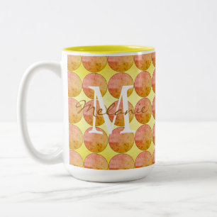 Geel Oranje Polka Dot Monogram Tweekleurige Koffiemok