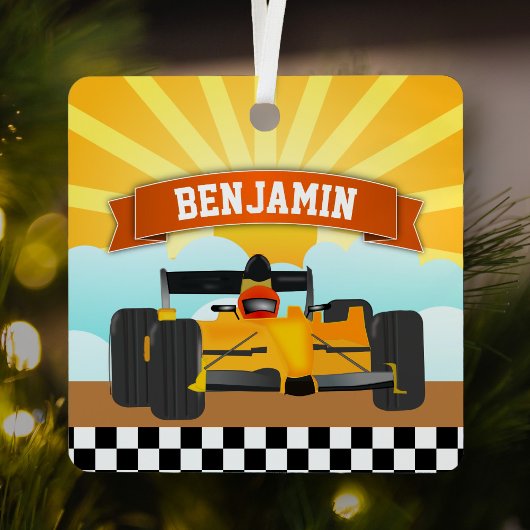 Geel Oranje Race Auto Gepersonaliseerde Naam Kinde Metalen Ornament