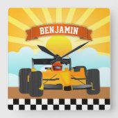 Geel Oranje Race Auto Gepersonaliseerde Naam Kinde Vierkante Klok (Voorkant)